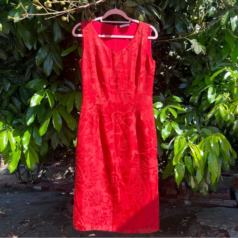LAVINIA TURRA red satin burnout sheer floral print sleeveless midi dress